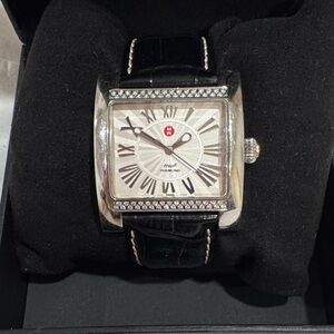 Michele Silver Dial Black Aligator & Leather Strap Sapphire Crystal Accent Watch